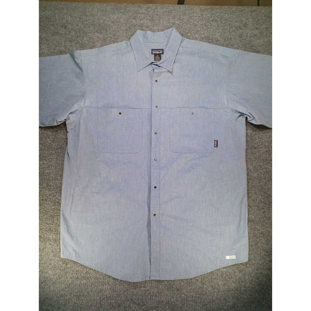 Vintage Patagonia Shirt Mens XL Blue Snap Front Short Sleeve Hong Kong 80s 90s